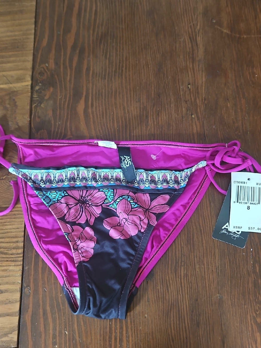 ABS Allen Schwartz Fuchsia and Black Floral Tie-Side Bikini Bottom